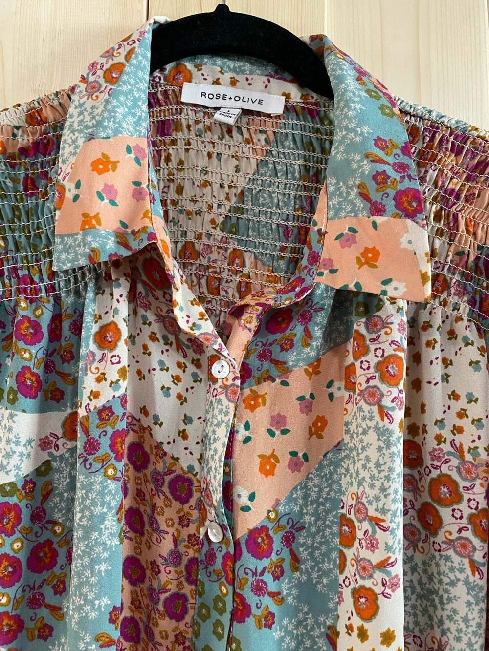 Rose + Olive Floral Patchwork Smocked Blouse Size large - Picture 3 of 10